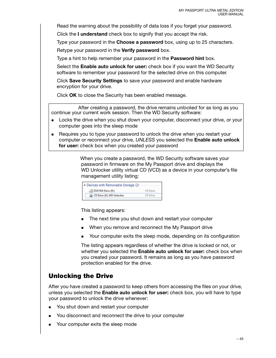 Unlocking the drive | Western Digital My Passport Ultra Metal User Manual User Manual | Page 50 / 86