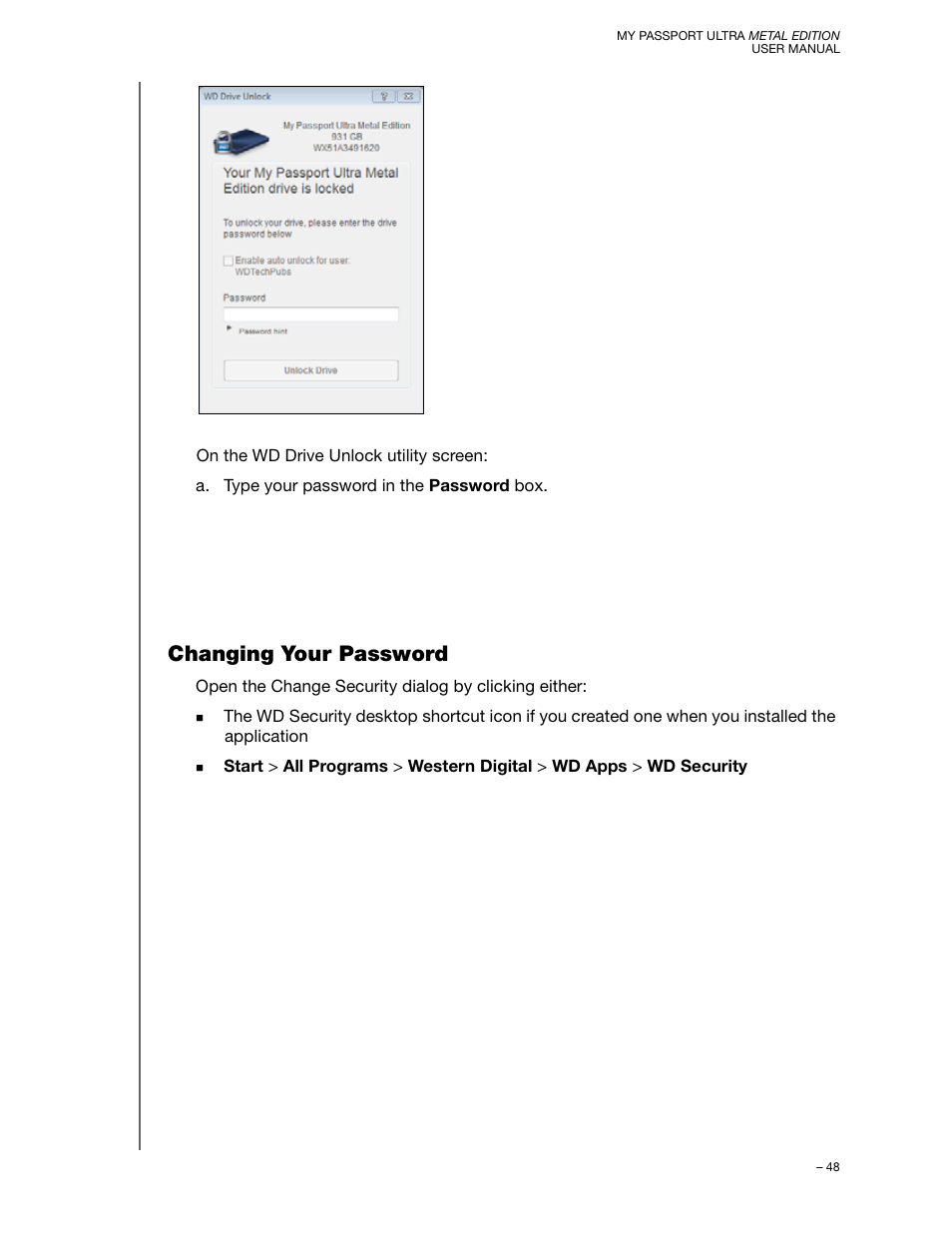 Changing your password | Western Digital My Passport Ultra Metal User Manual User Manual | Page 53 / 86