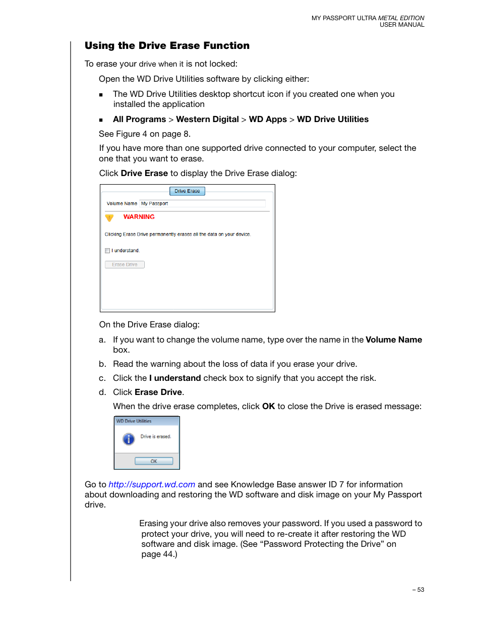Using the drive erase function | Western Digital My Passport Ultra Metal User Manual User Manual | Page 58 / 86