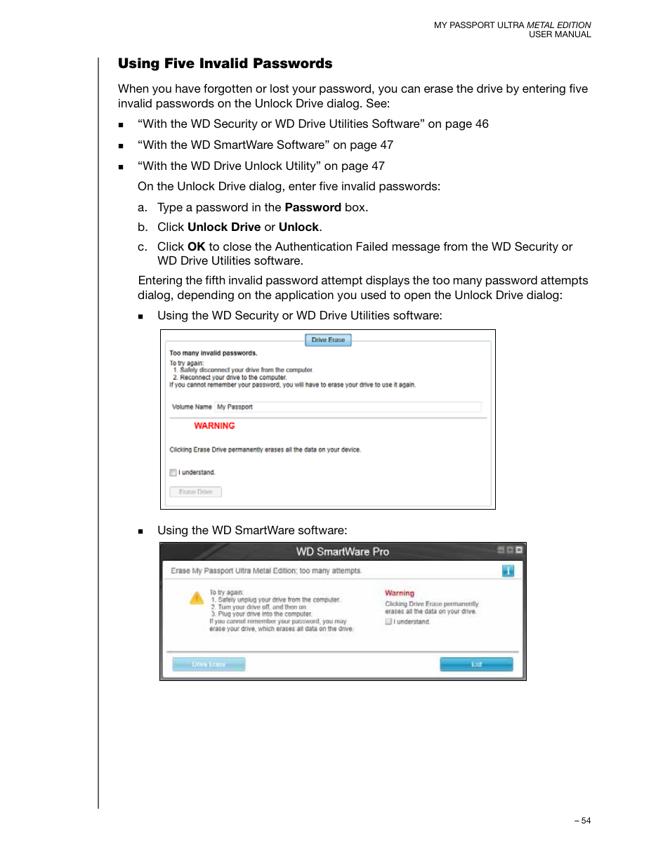 Using five invalid passwords | Western Digital My Passport Ultra Metal User Manual User Manual | Page 59 / 86