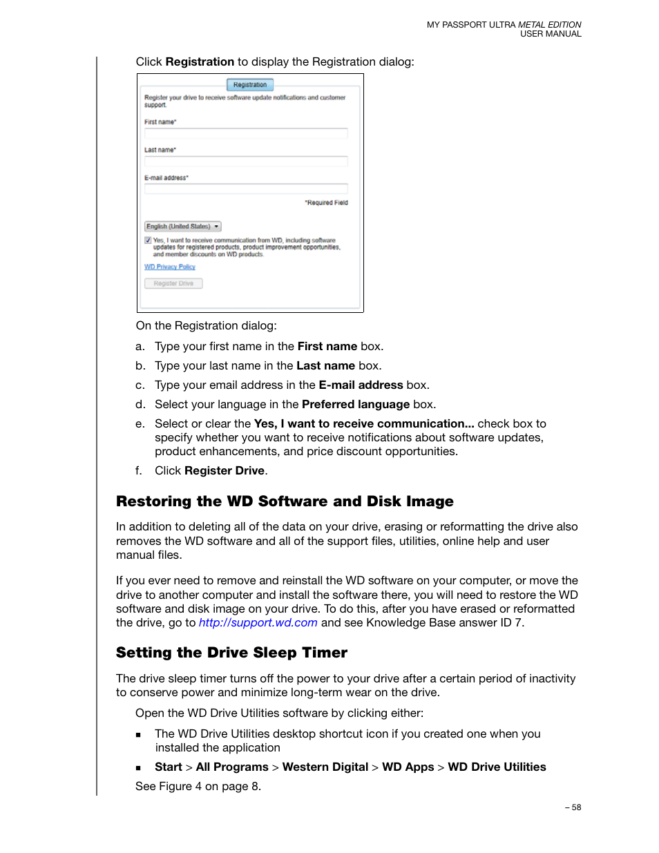 Restoring the wd software and disk image, Setting the drive sleep timer | Western Digital My Passport Ultra Metal User Manual User Manual | Page 63 / 86