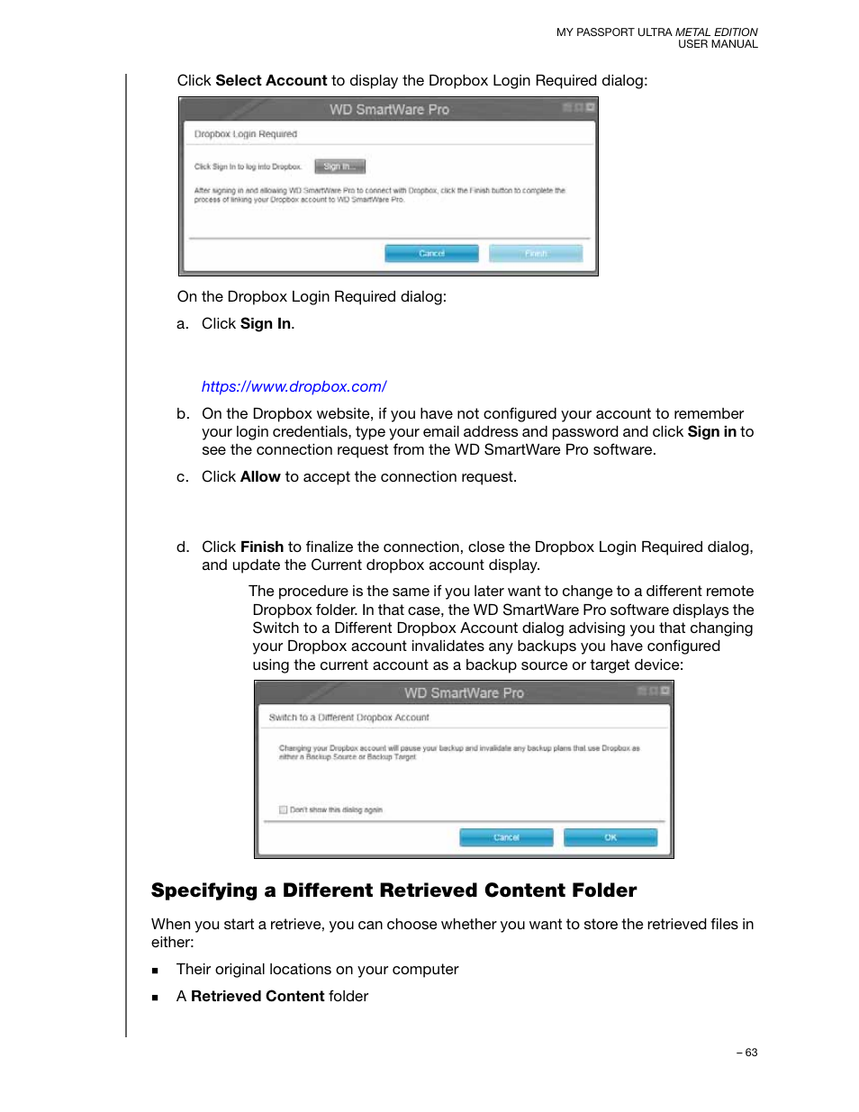 Specifying a different retrieved content folder | Western Digital My Passport Ultra Metal User Manual User Manual | Page 68 / 86