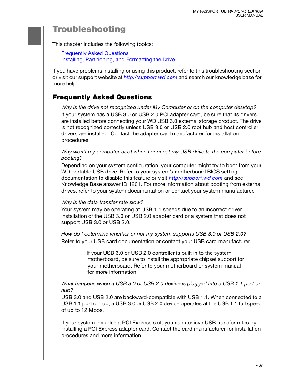 Troubleshooting, Frequently asked questions | Western Digital My Passport Ultra Metal User Manual User Manual | Page 72 / 86