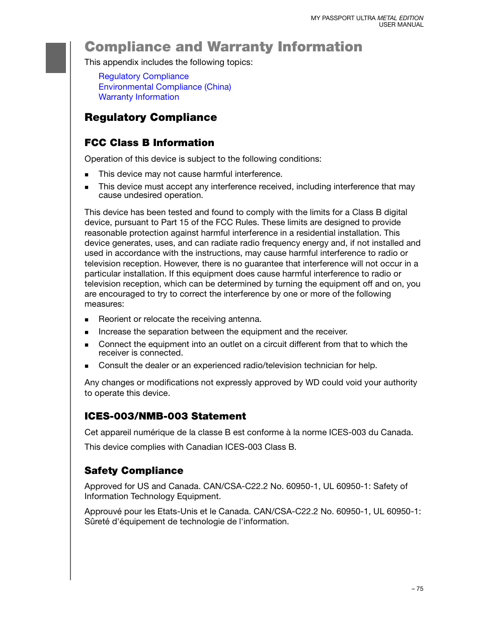 Compliance and warranty information, Regulatory compliance, Fcc class b information | Ices-003/nmb-003 statement, Safety compliance | Western Digital My Passport Ultra Metal User Manual User Manual | Page 80 / 86