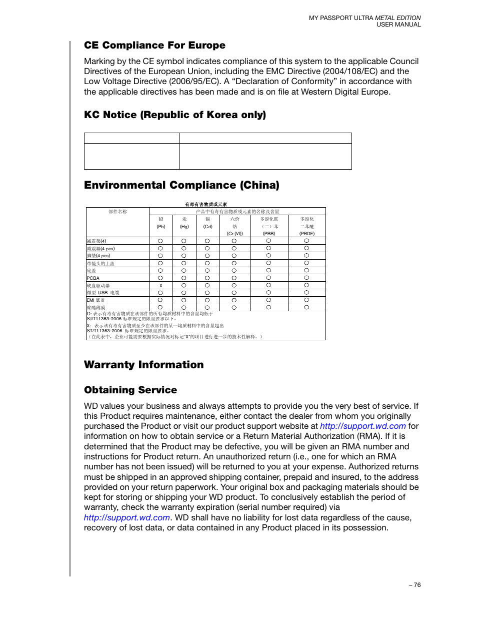 Ce compliance for europe, Kc notice (republic of korea only), Environmental compliance (china) | Warranty information, Obtaining service | Western Digital My Passport Ultra Metal User Manual User Manual | Page 81 / 86