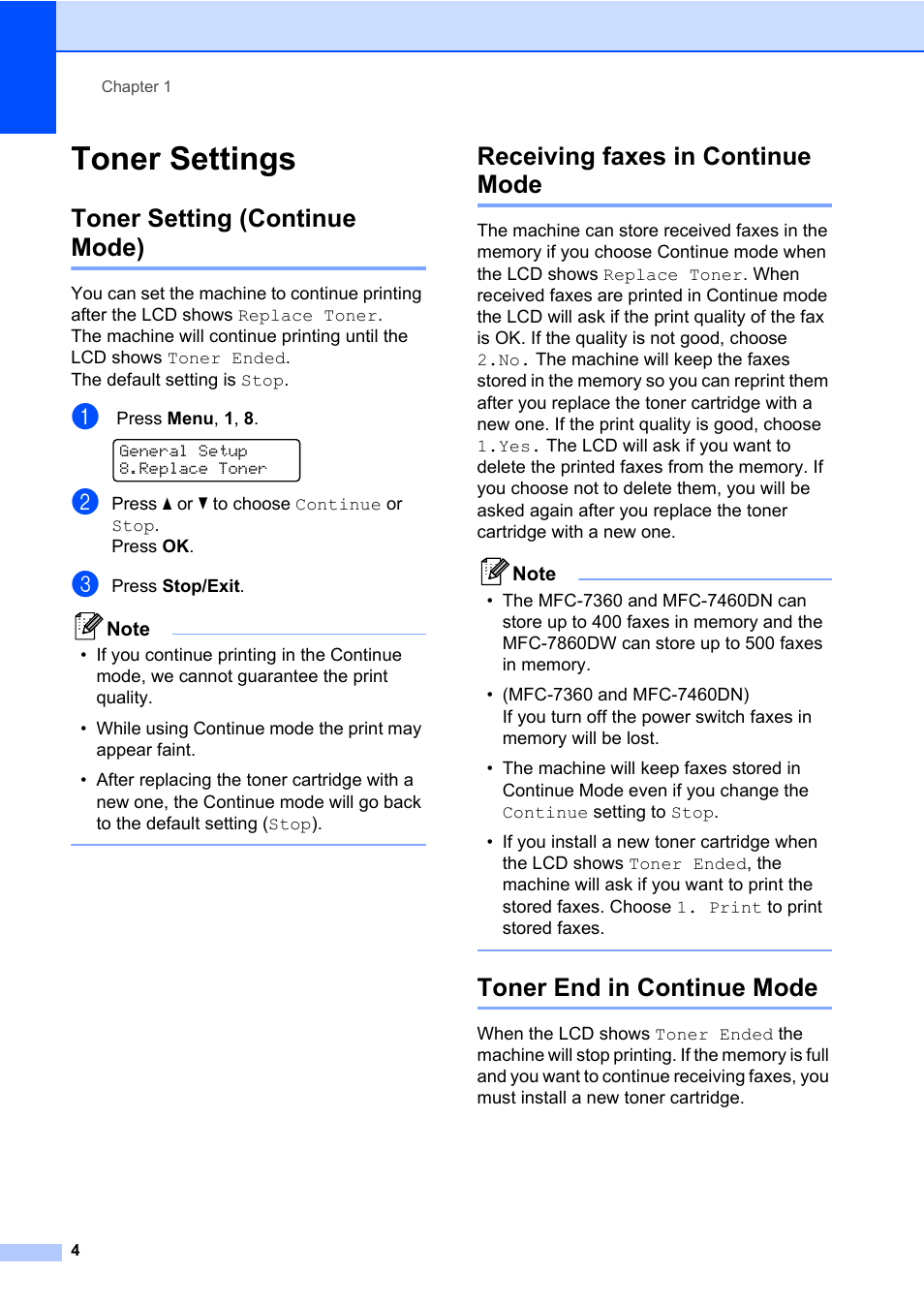 Toner settings, Toner setting (continue mode), Receiving faxes in continue mode | Toner end in continue mode | Brother ADVANCED MFC-7360 User Manual | Page 10 / 75