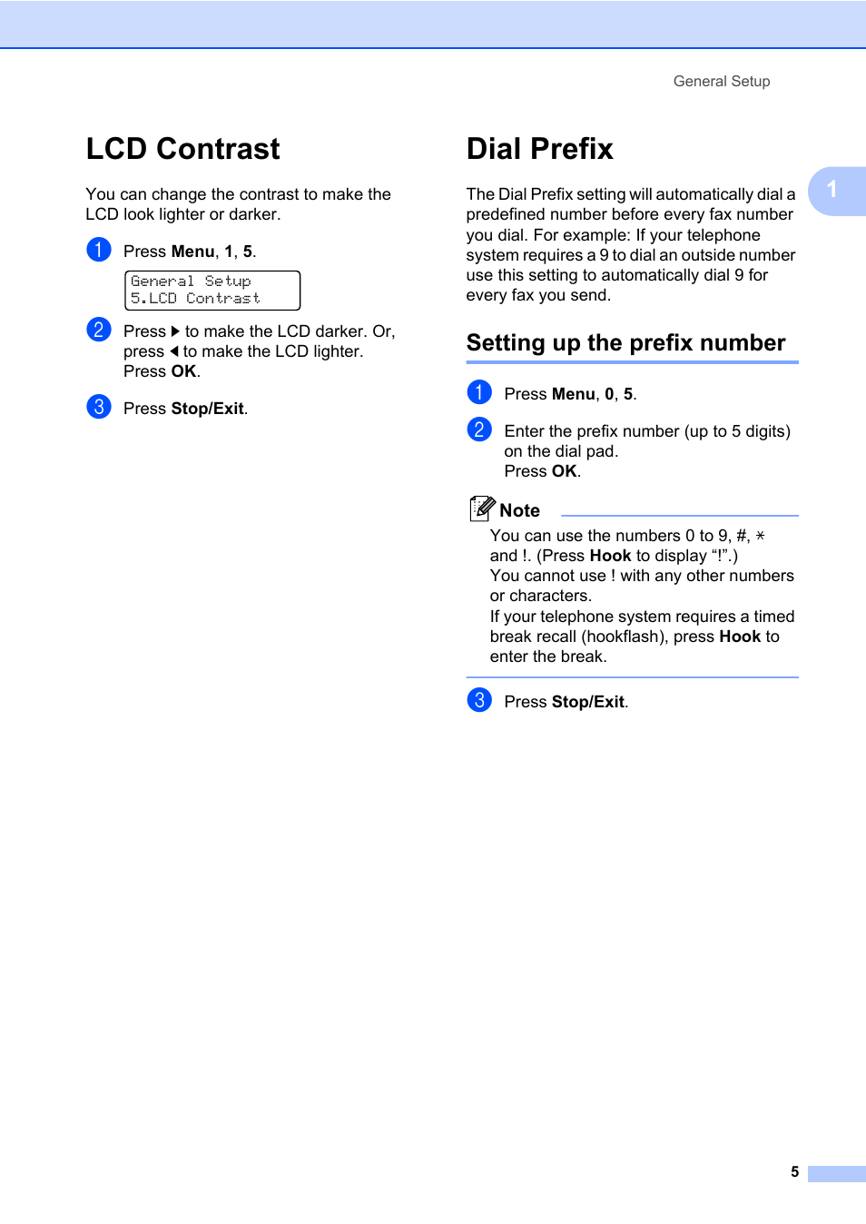 Lcd contrast, Dial prefix, Setting up the prefix number | Lcd contrast dial prefix | Brother ADVANCED MFC-7360 User Manual | Page 11 / 75