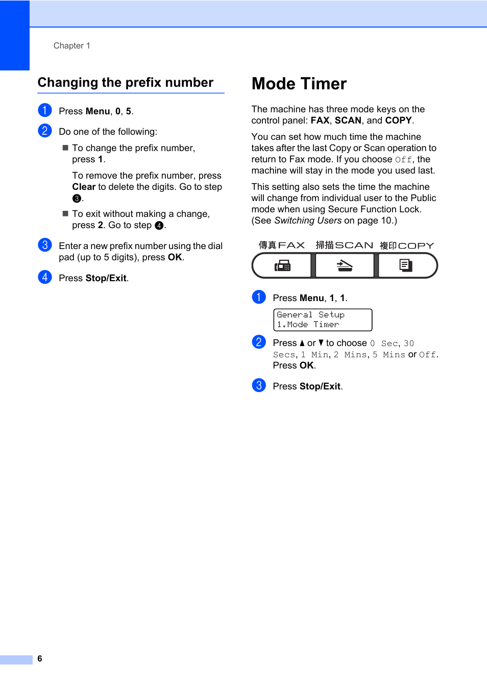 Changing the prefix number, Mode timer | Brother ADVANCED MFC-7360 User Manual | Page 12 / 75