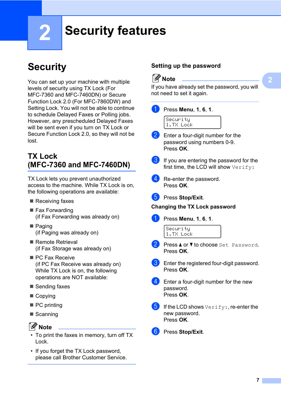 2 security features, Security, Tx lock (mfc-7360 and mfc-7460dn) | Setting up the password, Security features | Brother ADVANCED MFC-7360 User Manual | Page 13 / 75