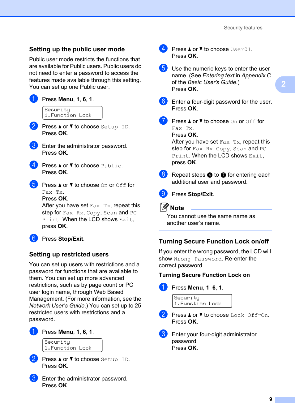 Setting up the public user mode, Setting up restricted users, Turning secure function lock on/off | Brother ADVANCED MFC-7360 User Manual | Page 15 / 75