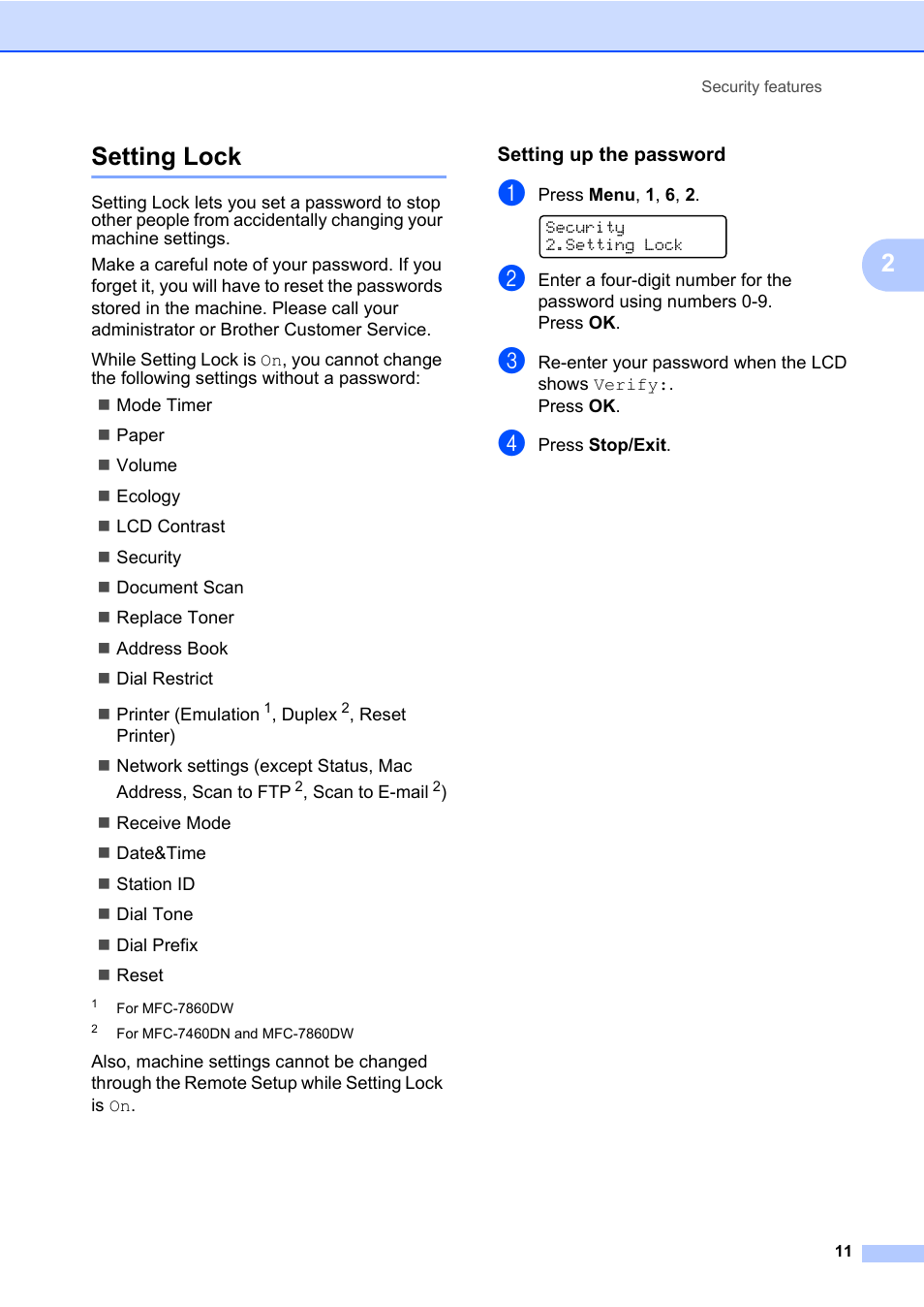 Setting lock, Setting up the password, 2setting lock | Brother ADVANCED MFC-7360 User Manual | Page 17 / 75