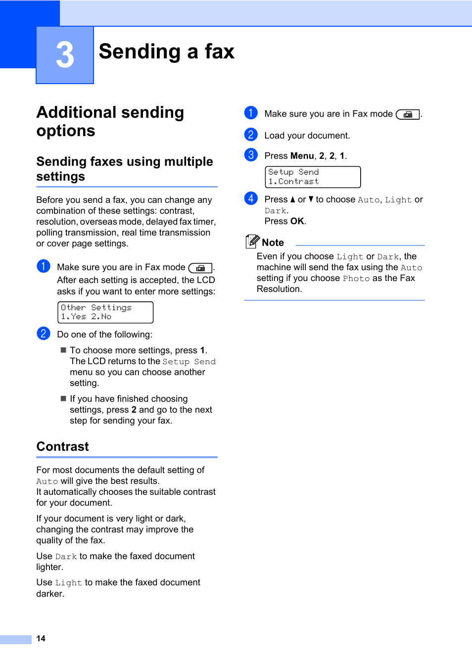 3 sending a fax, Additional sending options, Sending faxes using multiple settings | Contrast, Sending a fax, Sending faxes using multiple settings contrast | Brother ADVANCED MFC-7360 User Manual | Page 20 / 75