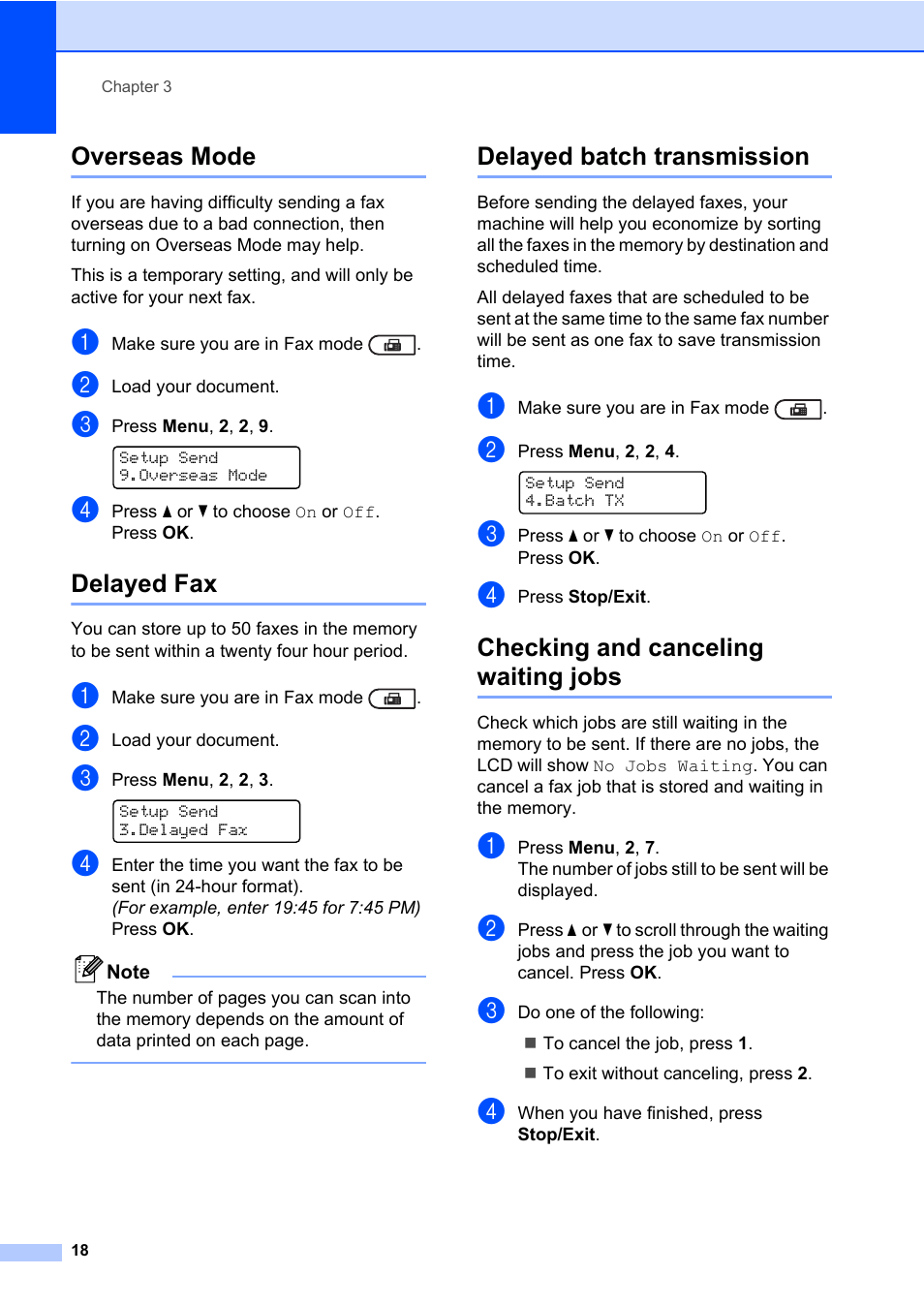 Overseas mode, Delayed fax, Delayed batch transmission | Checking and canceling waiting jobs | Brother ADVANCED MFC-7360 User Manual | Page 24 / 75