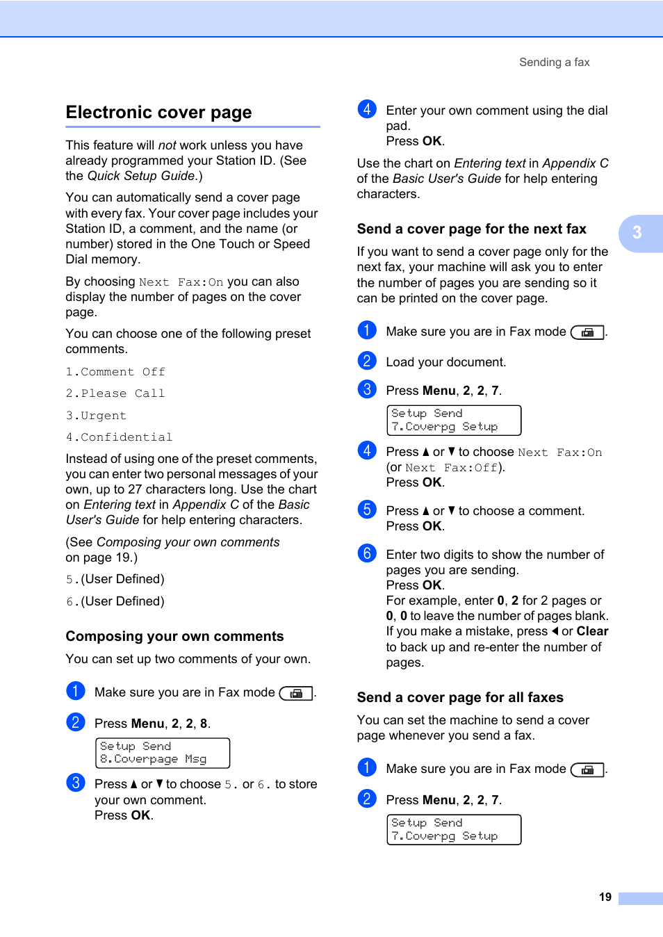 Composing your own comments, 3electronic cover page | Brother ADVANCED MFC-7360 User Manual | Page 25 / 75