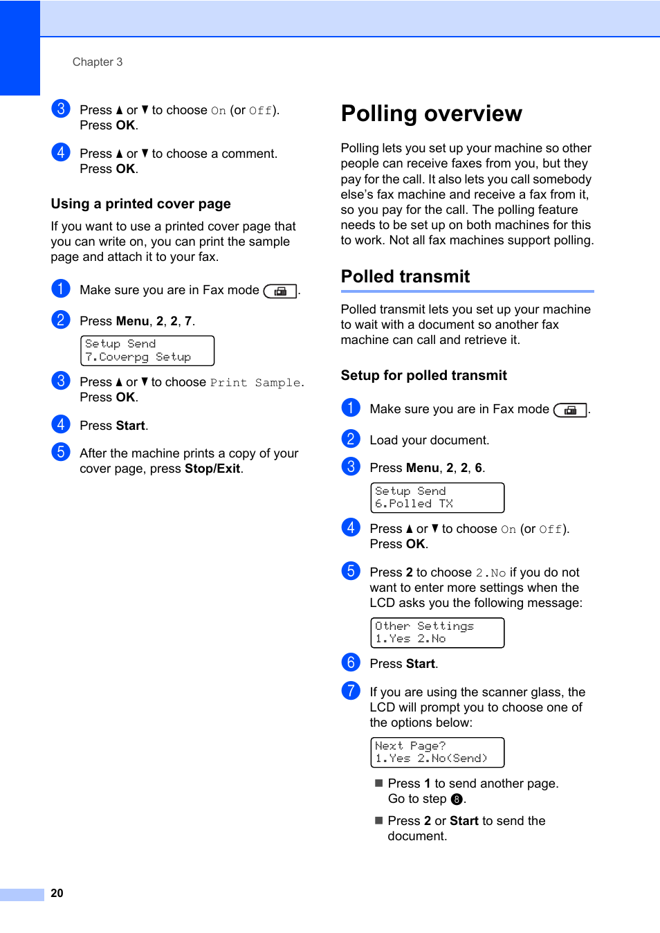 Polling overview, Polled transmit, Setup for polled transmit | Brother ADVANCED MFC-7360 User Manual | Page 26 / 75