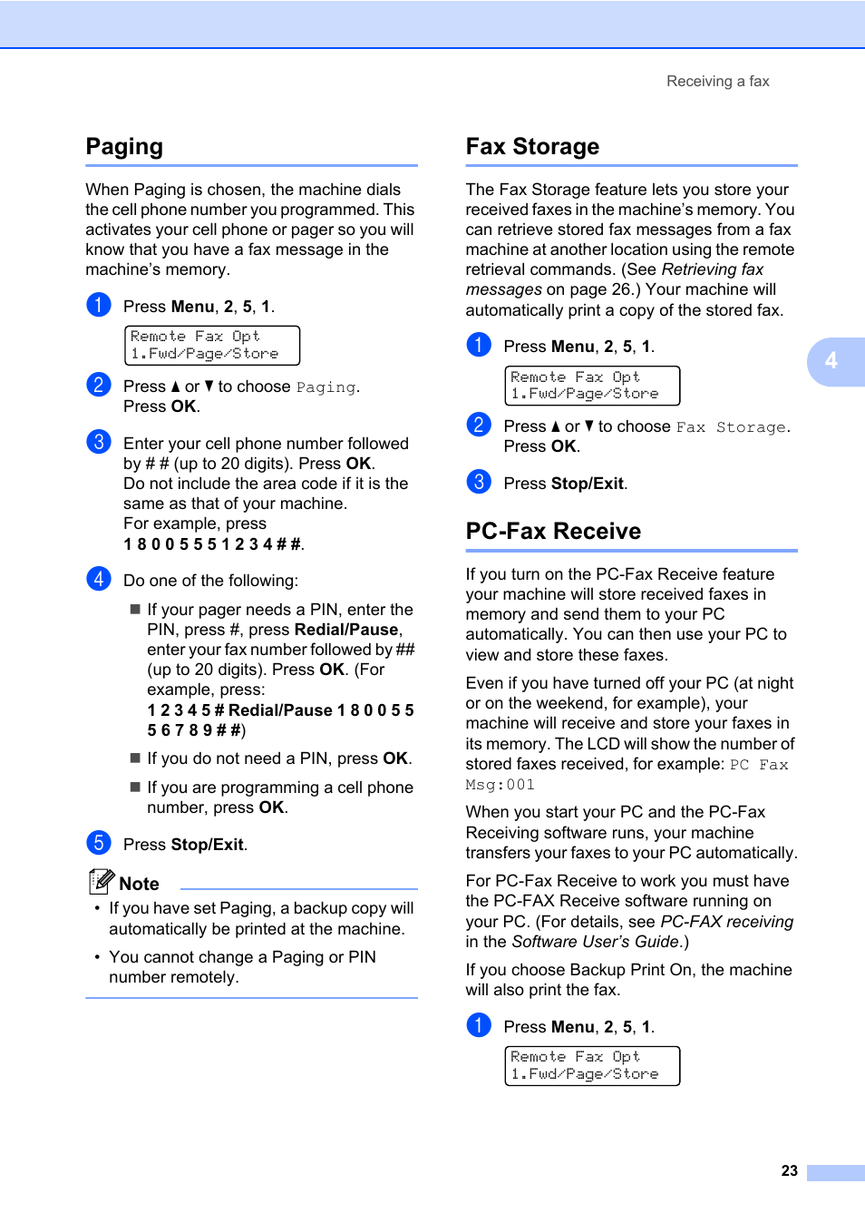 Paging, Fax storage, Pc-fax receive | Paging fax storage pc-fax receive, 4paging | Brother ADVANCED MFC-7360 User Manual | Page 29 / 75