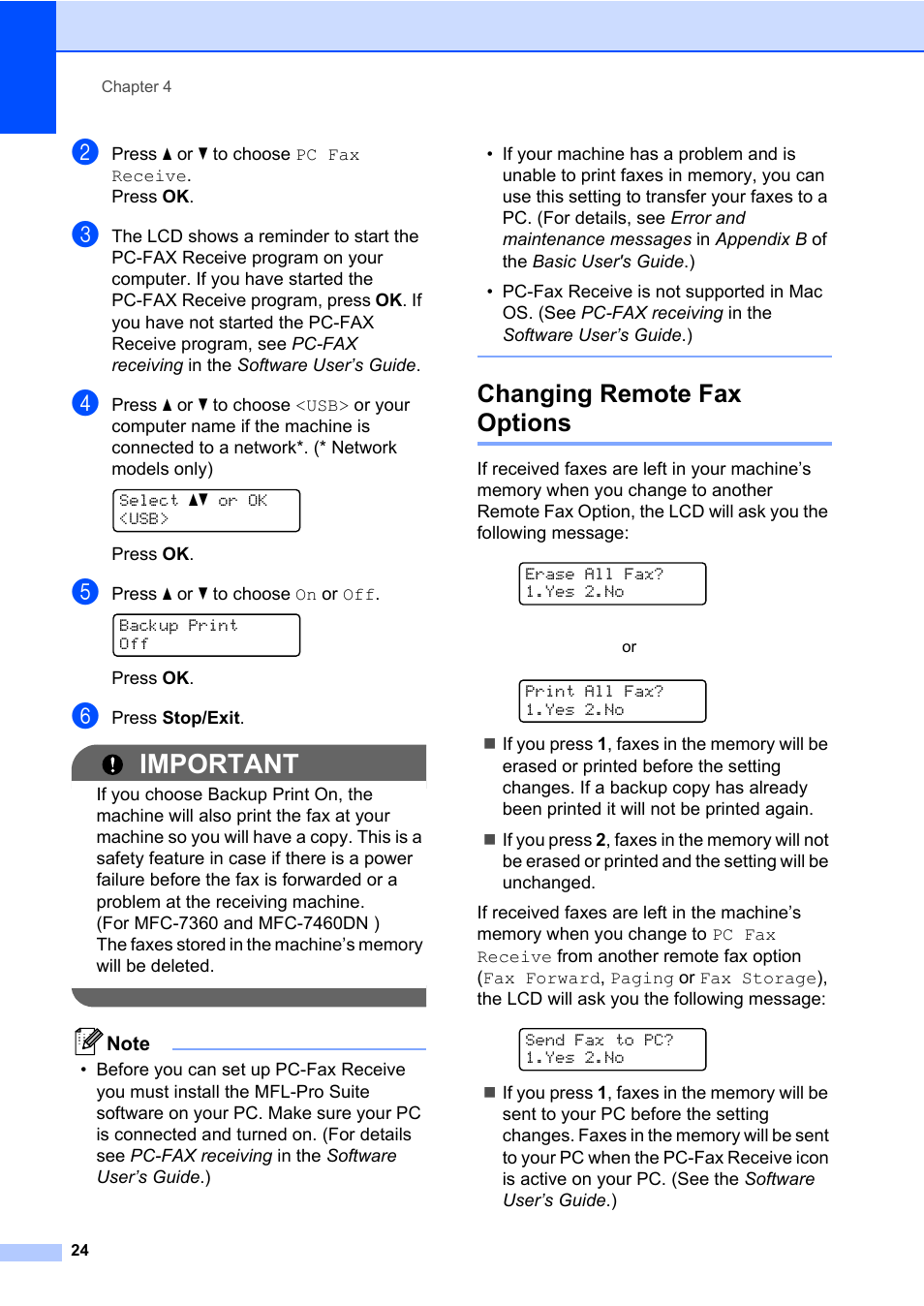 Changing remote fax options, Important | Brother ADVANCED MFC-7360 User Manual | Page 30 / 75