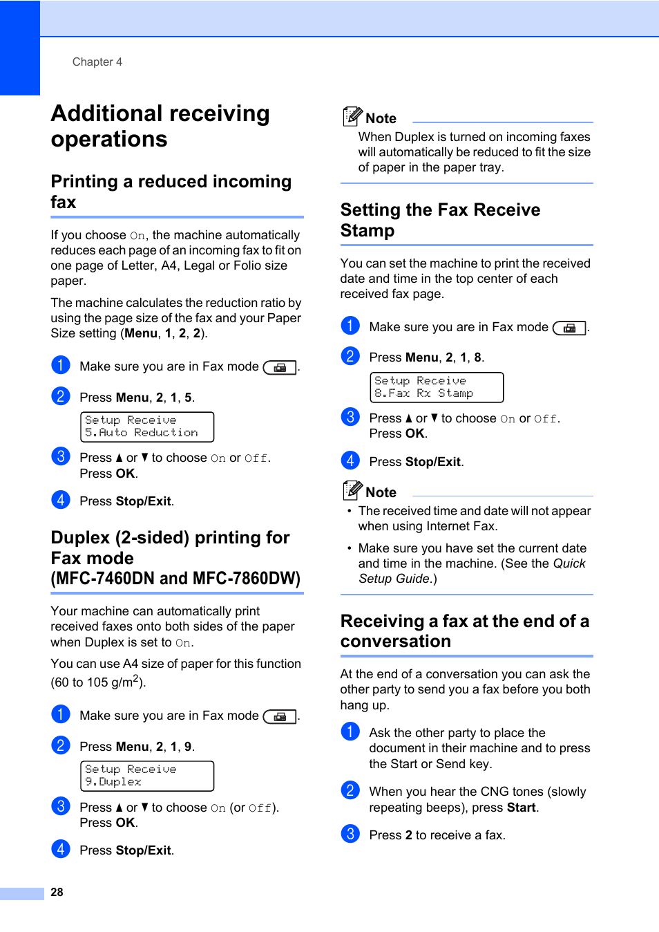 Additional receiving operations, Printing a reduced incoming fax, Setting the fax receive stamp | Receiving a fax at the end of a conversation | Brother ADVANCED MFC-7360 User Manual | Page 34 / 75