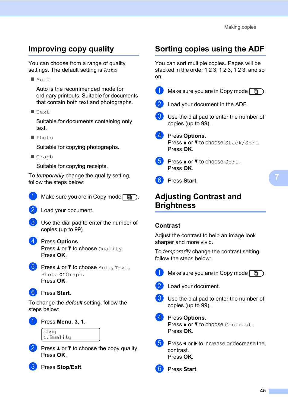 Improving copy quality, Sorting copies using the adf, Adjusting contrast and brightness | Contrast, 7improving copy quality | Brother ADVANCED MFC-7360 User Manual | Page 51 / 75