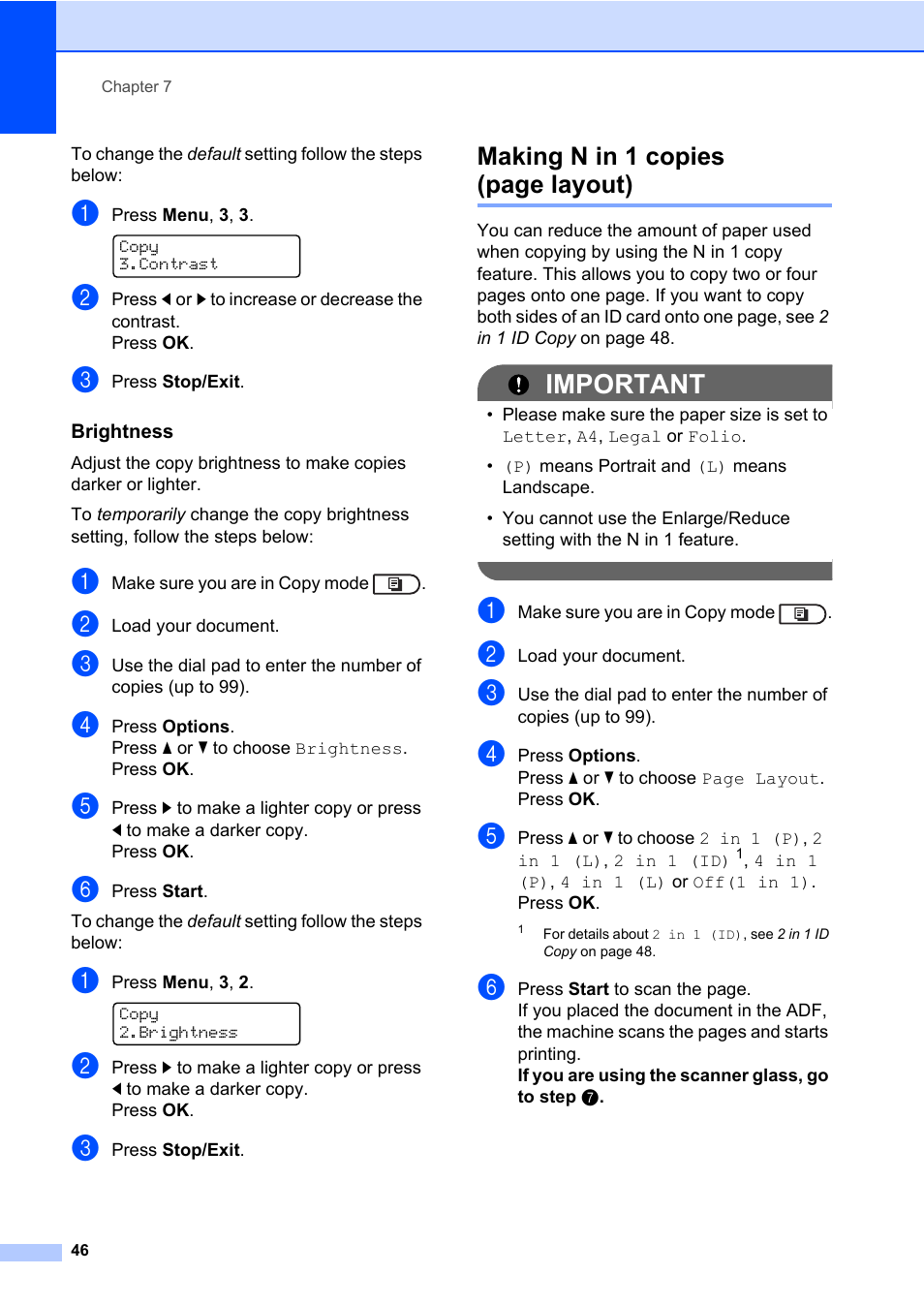 Brightness, Important, Making n in 1 copies (page layout) | Brother ADVANCED MFC-7360 User Manual | Page 52 / 75
