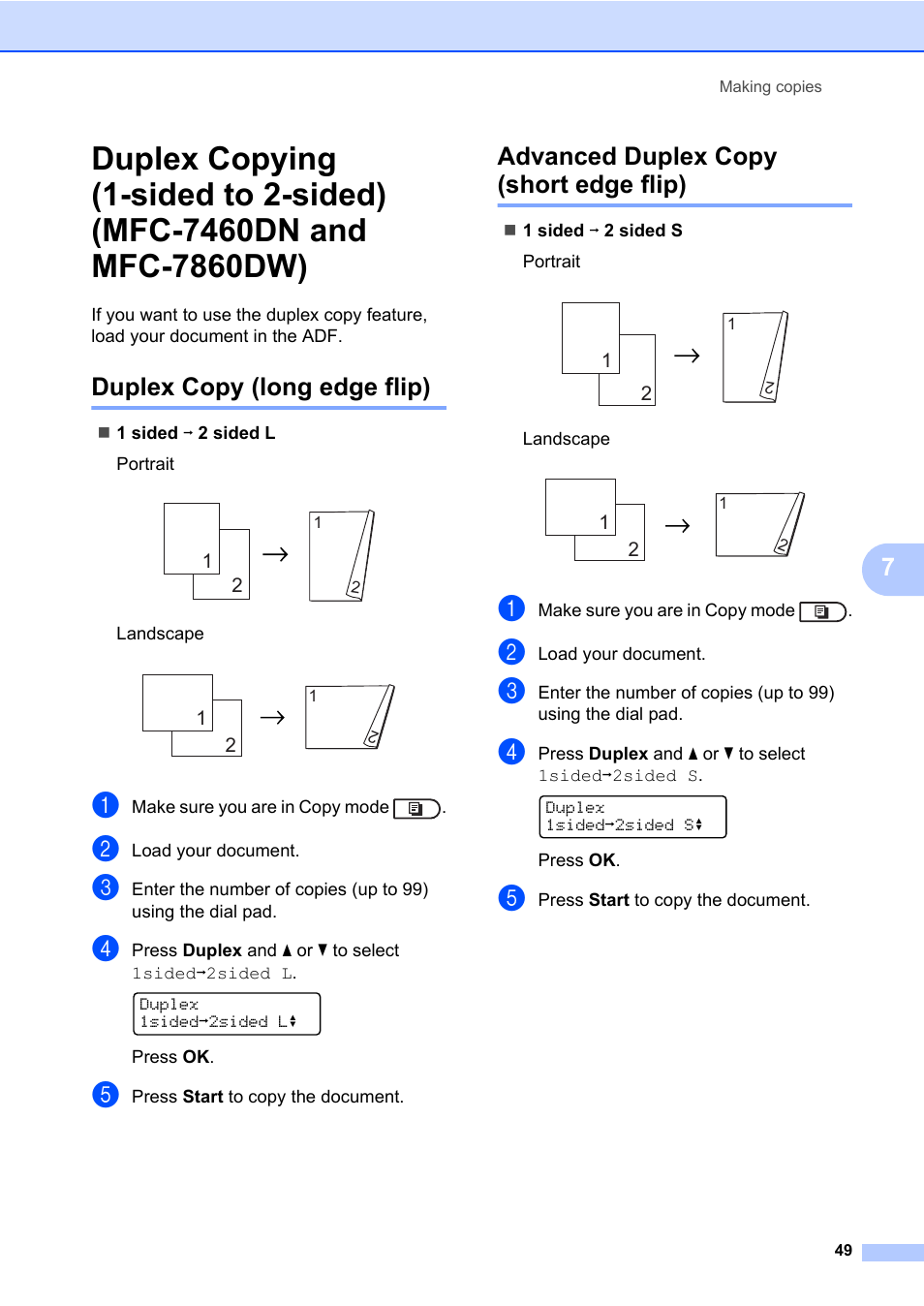 Duplex copy (long edge flip), Advanced duplex copy (short edge flip) | Brother ADVANCED MFC-7360 User Manual | Page 55 / 75