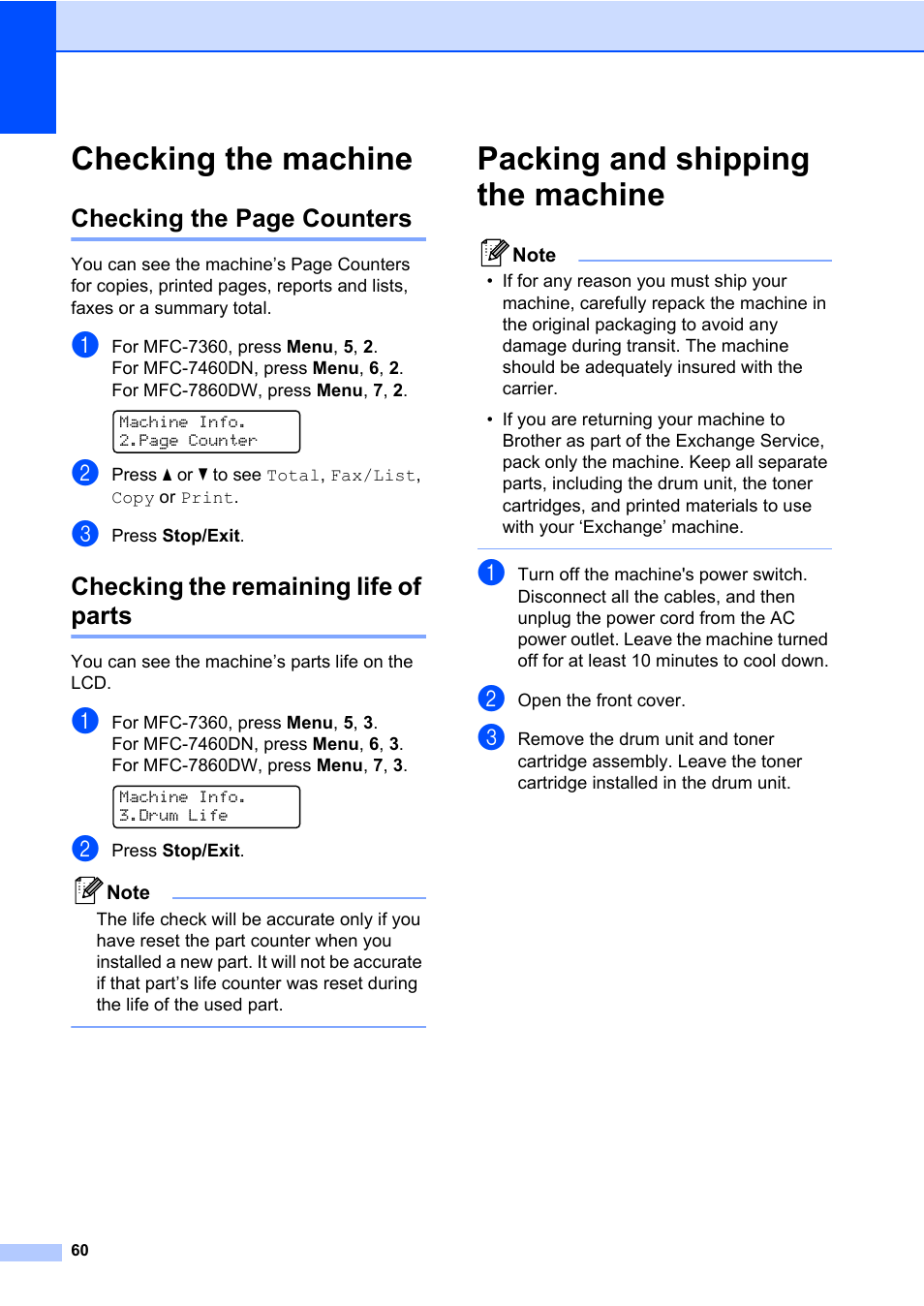 Checking the machine, Checking the remaining life of parts, Packing and shipping the machine | Checking the page counters | Brother ADVANCED MFC-7360 User Manual | Page 66 / 75