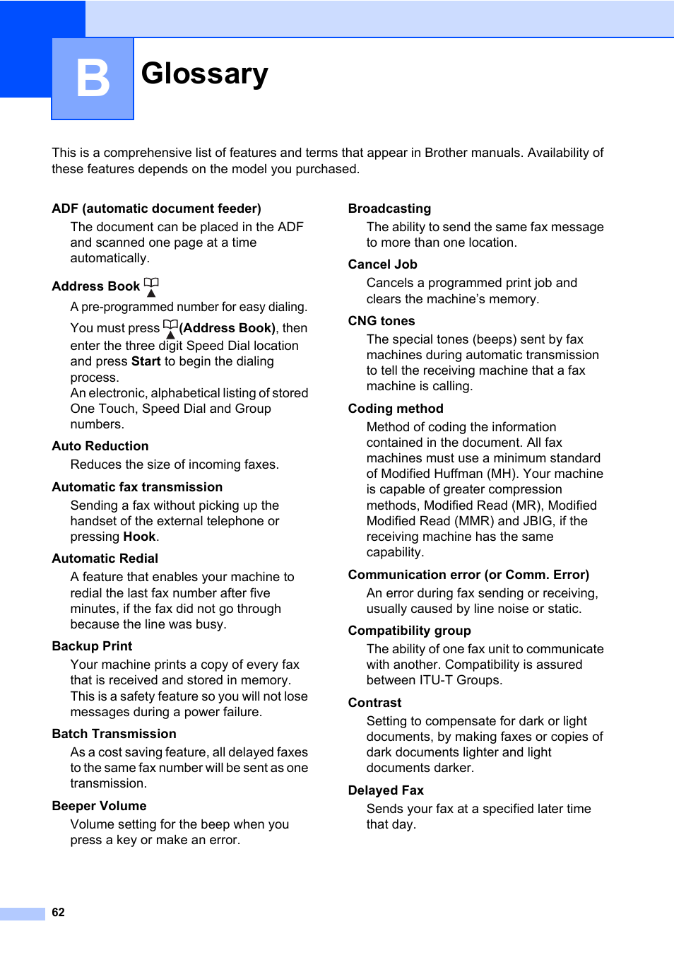 B glossary, Glossary | Brother ADVANCED MFC-7360 User Manual | Page 68 / 75