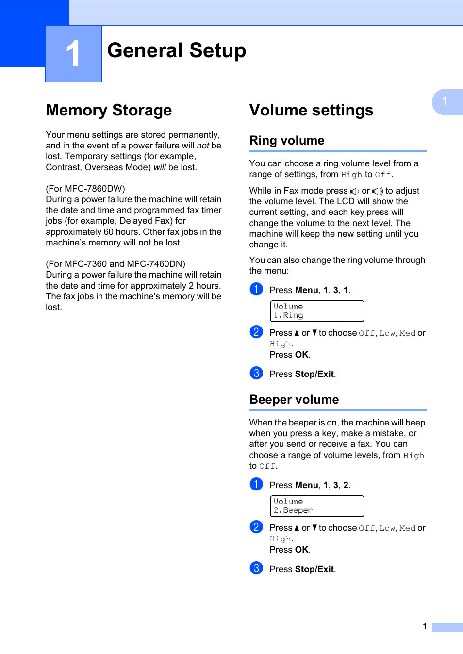 1 general setup, Memory storage, Volume settings | Ring volume, Beeper volume, General setup, Memory storage volume settings, Ring volume beeper volume | Brother ADVANCED MFC-7360 User Manual | Page 7 / 75