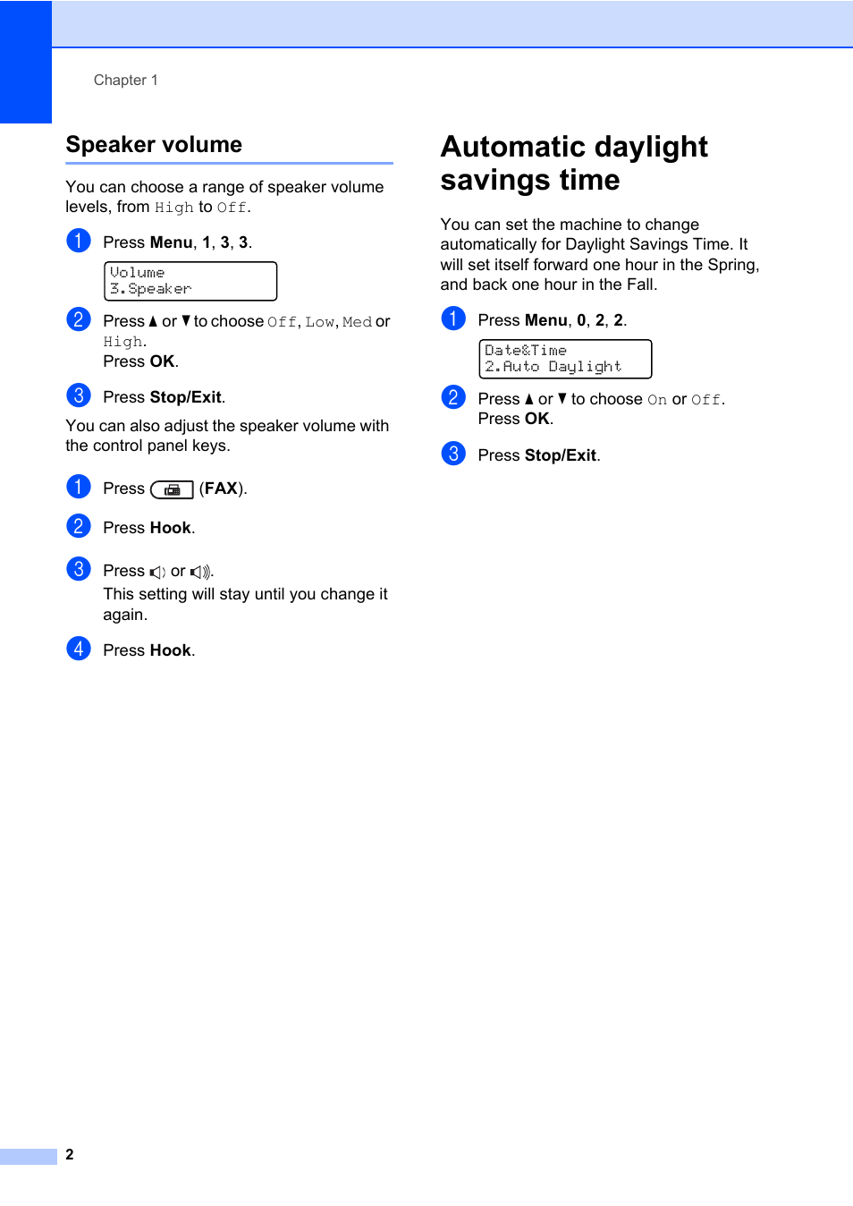 Speaker volume, Automatic daylight savings time | Brother ADVANCED MFC-7360 User Manual | Page 8 / 75