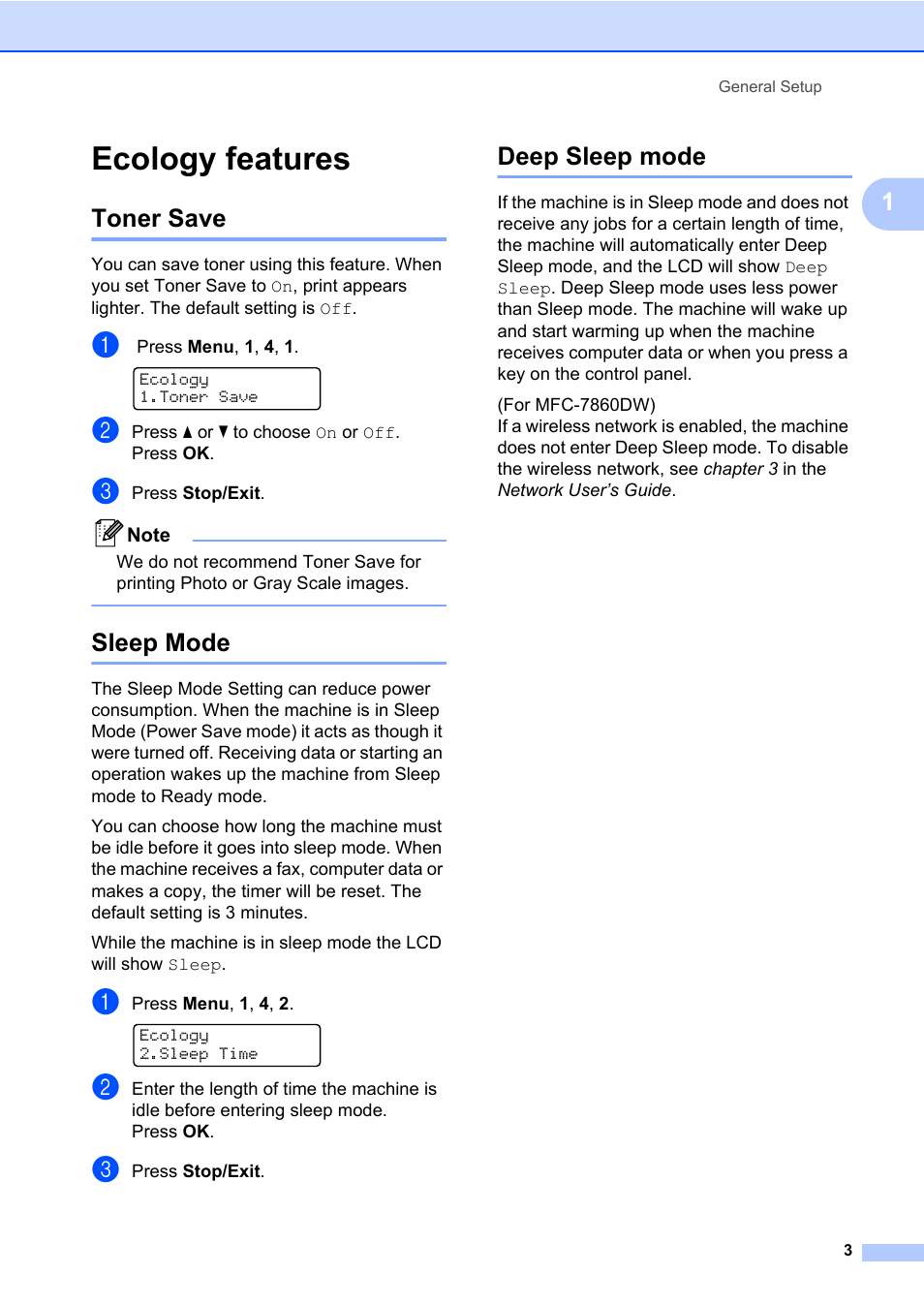 Ecology features, Toner save, Sleep mode | Deep sleep mode, Toner save sleep mode deep sleep mode | Brother ADVANCED MFC-7360 User Manual | Page 9 / 75