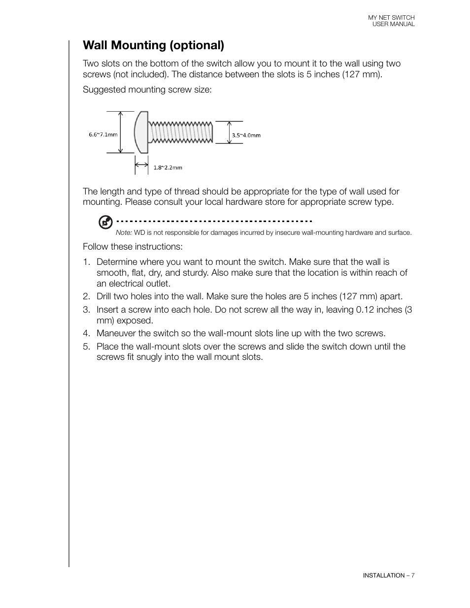 Wall mounting (optional) | Western Digital My Net Switch User Manual User Manual | Page 10 / 17