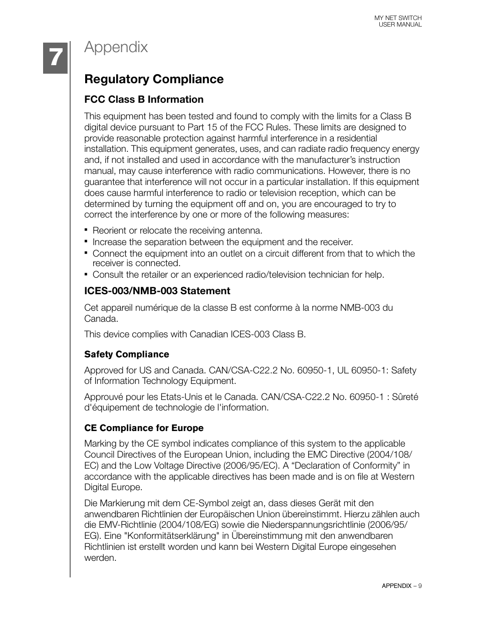 Appendix, Regulatory compliance, Fcc class b information | Ices-003/nmb-003 statement | Western Digital My Net Switch User Manual User Manual | Page 12 / 17