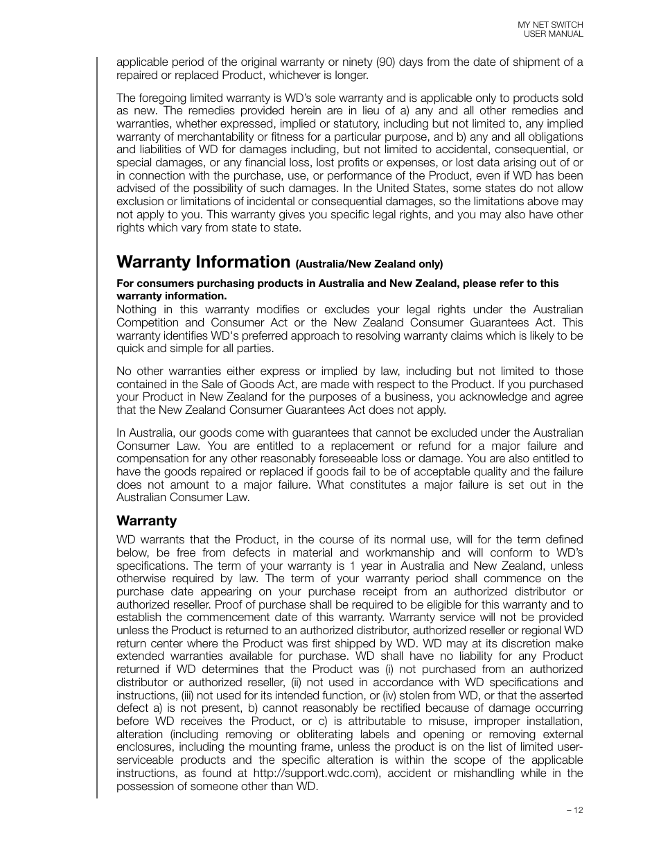 Warranty information (australia/new zealand only), Warranty, Warranty information | Western Digital My Net Switch User Manual User Manual | Page 15 / 17