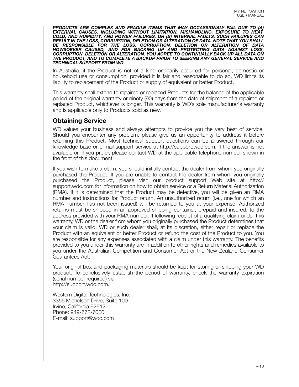 Obtaining service | Western Digital My Net Switch User Manual User Manual | Page 16 / 17