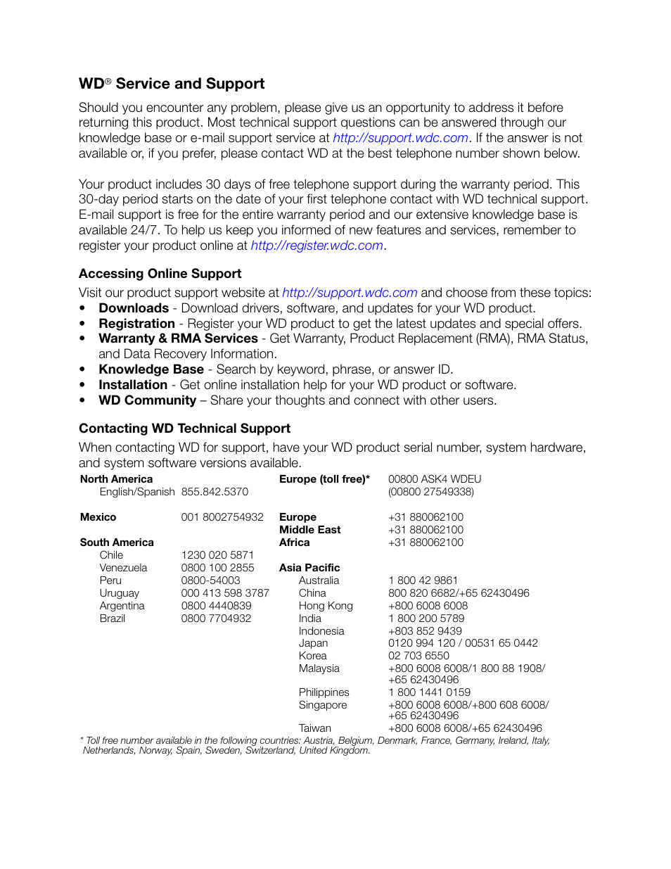 Wd® service and support, Accessing online support, Contacting wd technical support | Service and support | Western Digital My Net Switch User Manual User Manual | Page 2 / 17