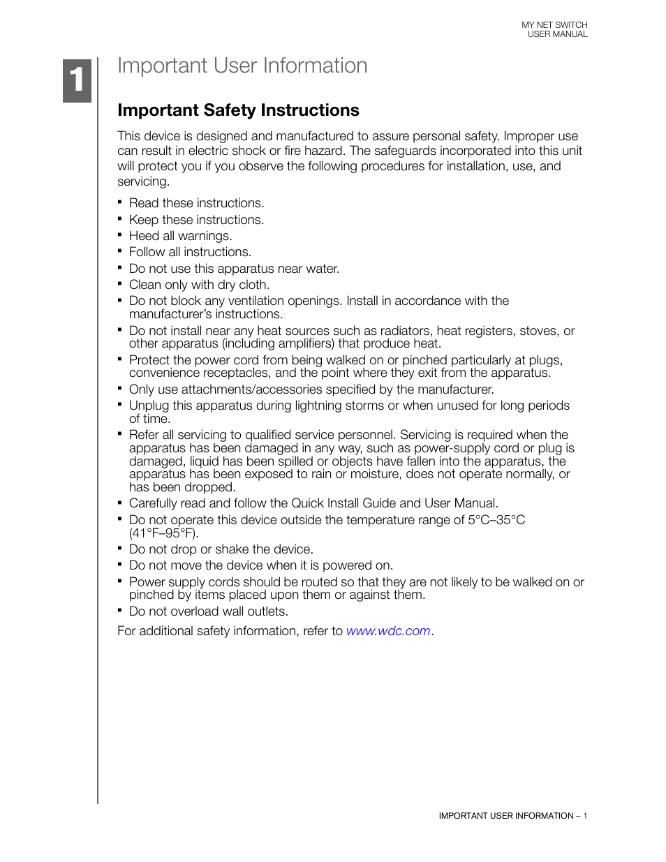 Important user information, Important safety instructions | Western Digital My Net Switch User Manual User Manual | Page 4 / 17