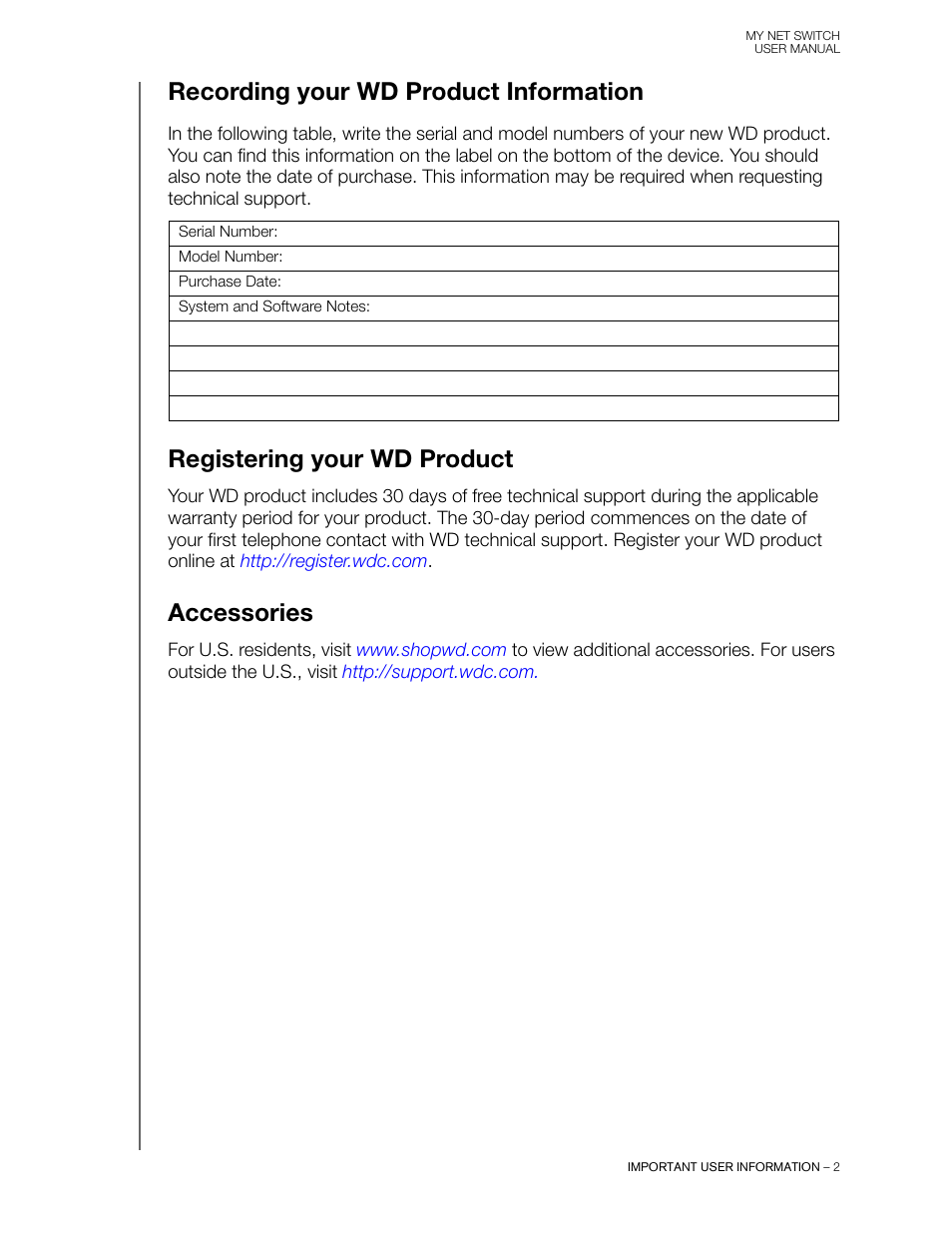 Registering your wd product, Accessories, Recording your wd product information | Western Digital My Net Switch User Manual User Manual | Page 5 / 17