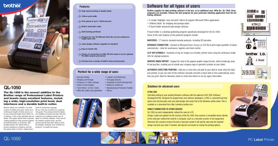 Ql-1050, Software for all types of users, Pc label printer | Solutions for advanced users, Features perfect for a wide range of uses | Brother QL-1050 User Manual | Page 2 / 2