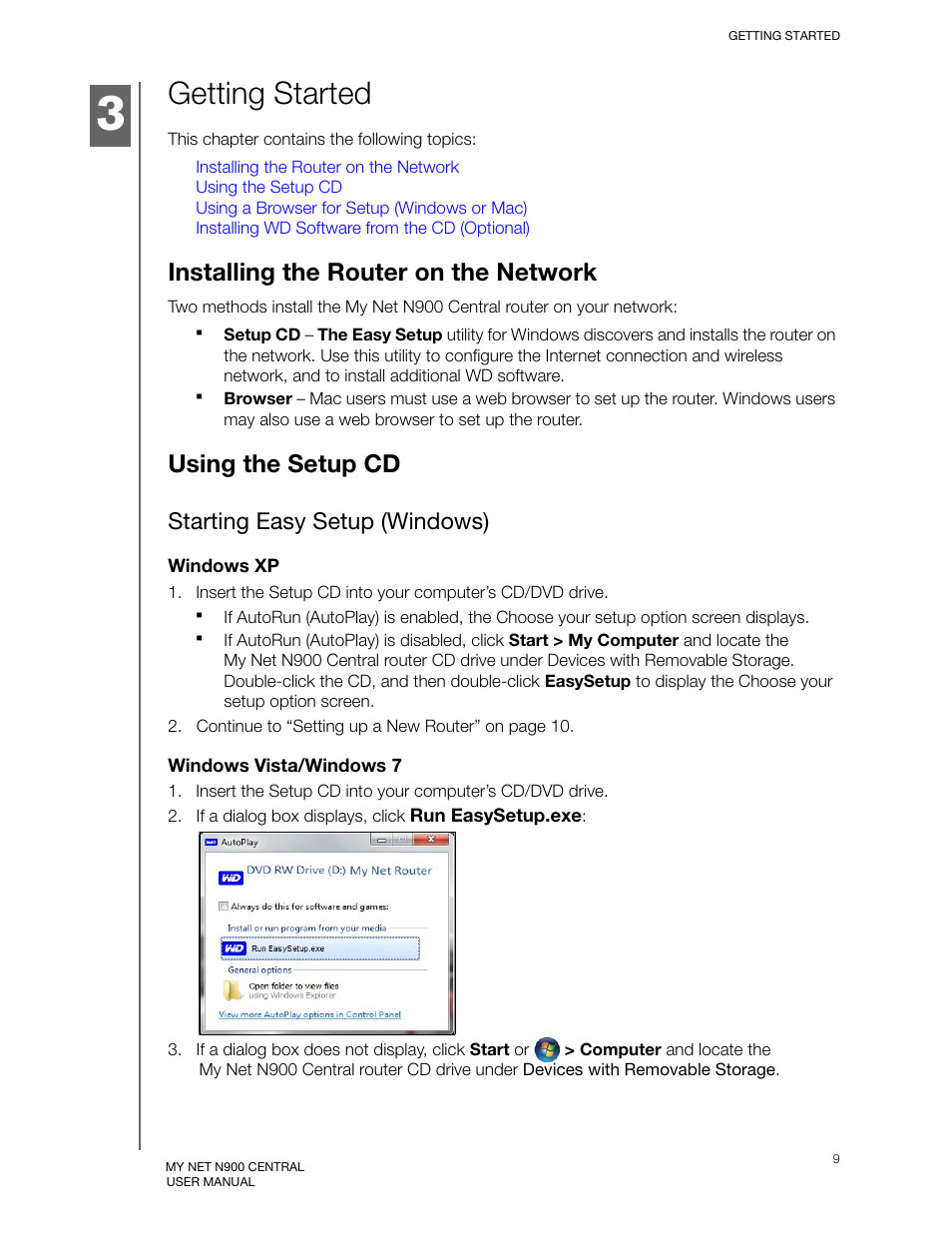 Getting started, Installing the router on the network, Using the setup cd | Starting easy setup (windows) | Western Digital My Net N900 Central User Manual User Manual | Page 13 / 97