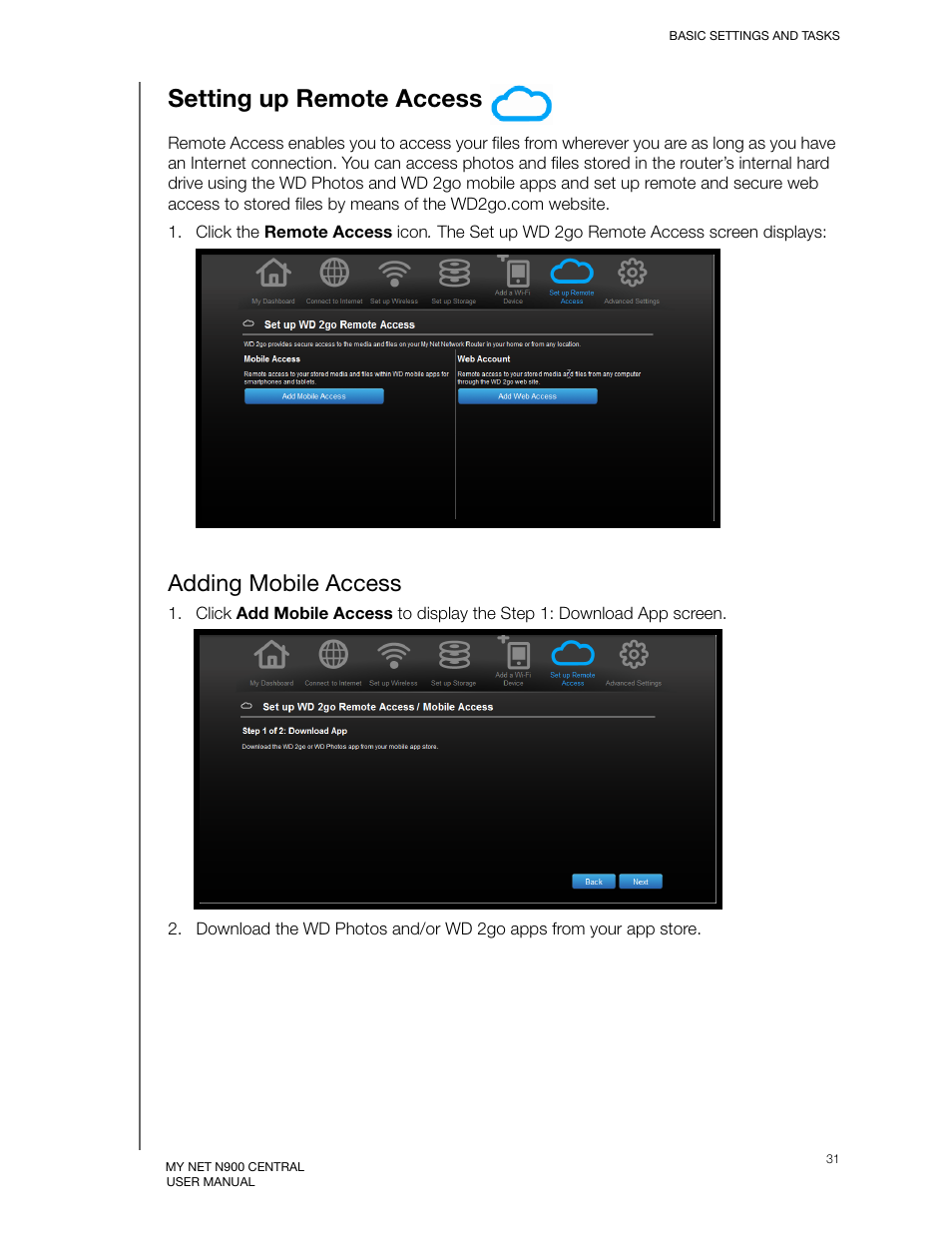Setting up remote access, Adding mobile access | Western Digital My Net N900 Central User Manual User Manual | Page 35 / 97