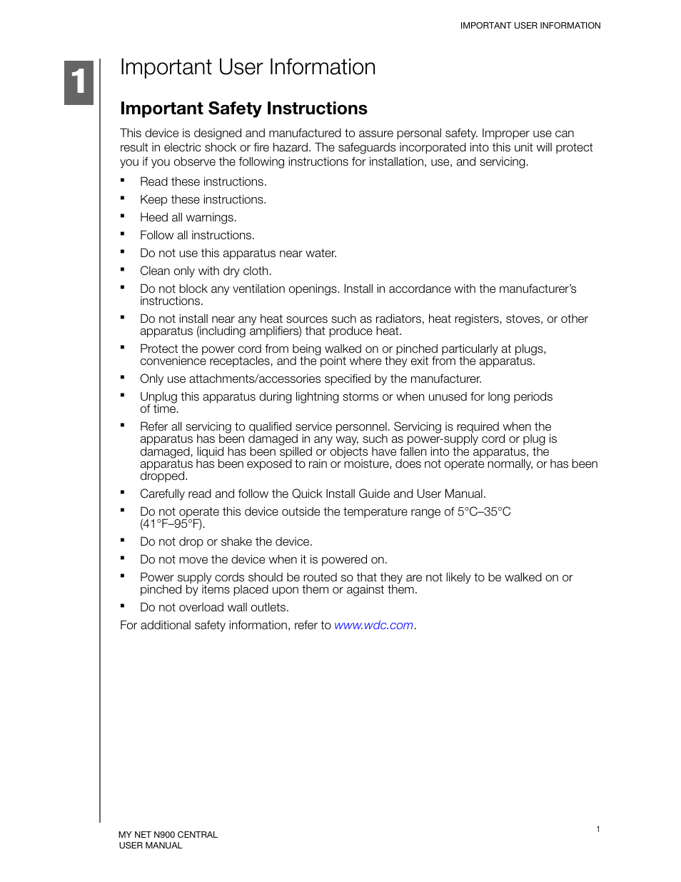Important user information, Important safety instructions | Western Digital My Net N900 Central User Manual User Manual | Page 5 / 97