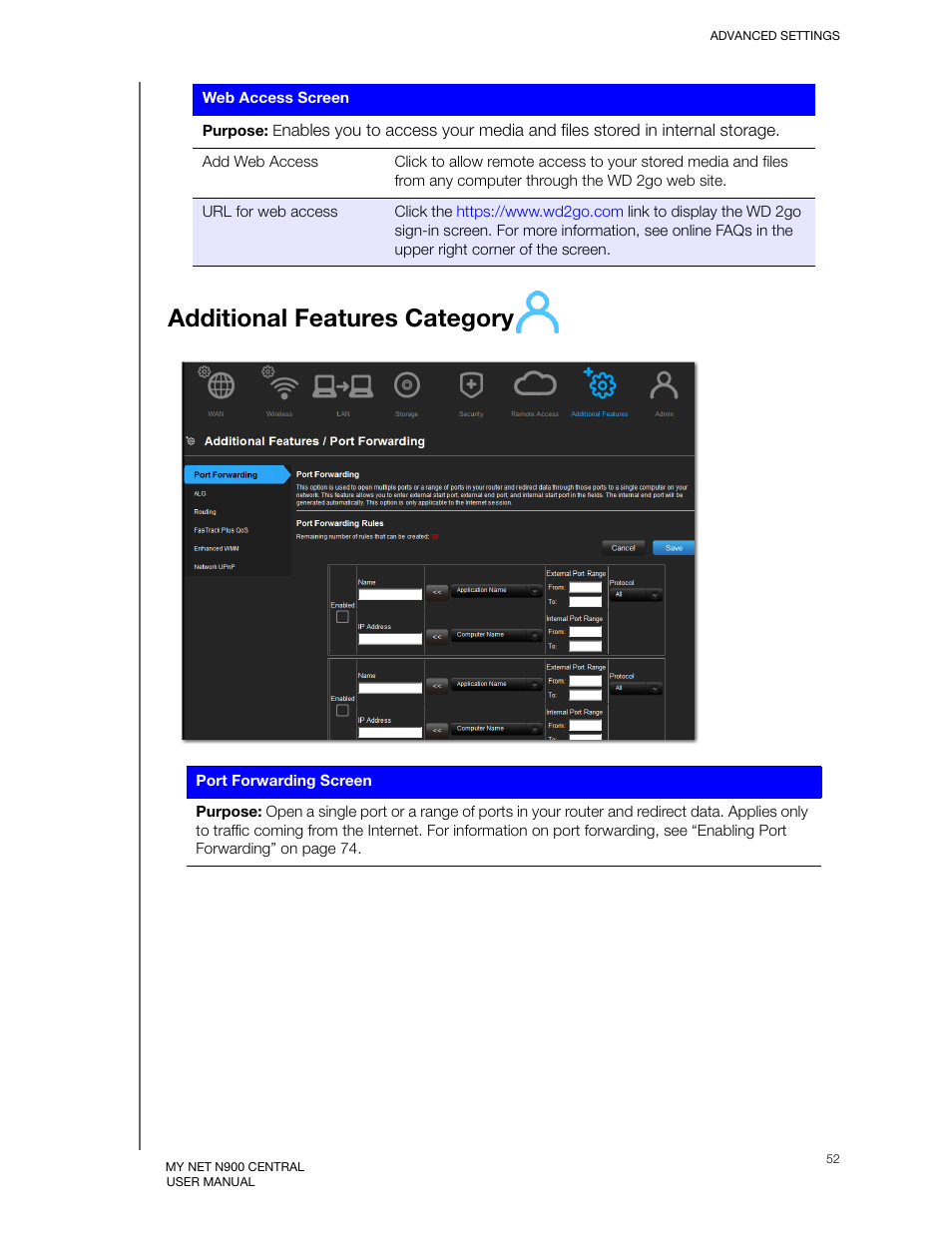 Additional features category | Western Digital My Net N900 Central User Manual User Manual | Page 56 / 97