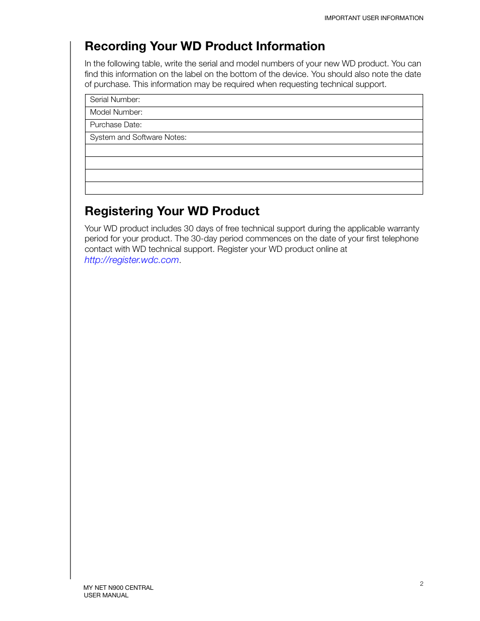 Recording your wd product information, Registering your wd product | Western Digital My Net N900 Central User Manual User Manual | Page 6 / 97