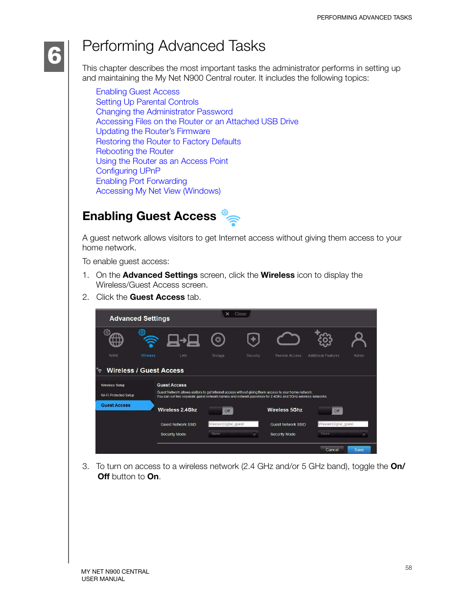 Performing advanced tasks, Enabling guest access | Western Digital My Net N900 Central User Manual User Manual | Page 62 / 97