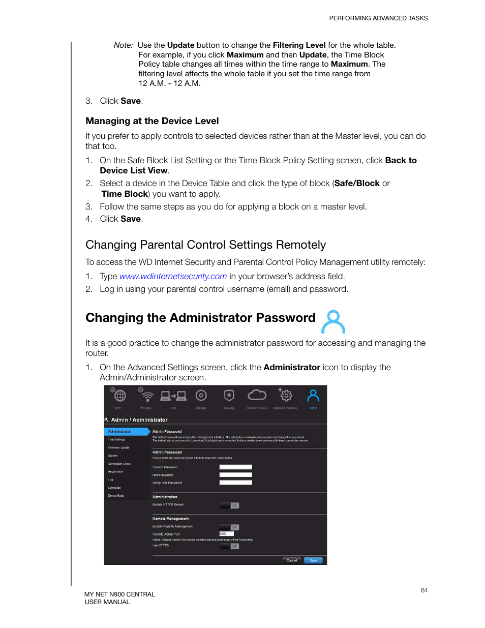 Changing parental control settings remotely, Changing the administrator password | Western Digital My Net N900 Central User Manual User Manual | Page 68 / 97