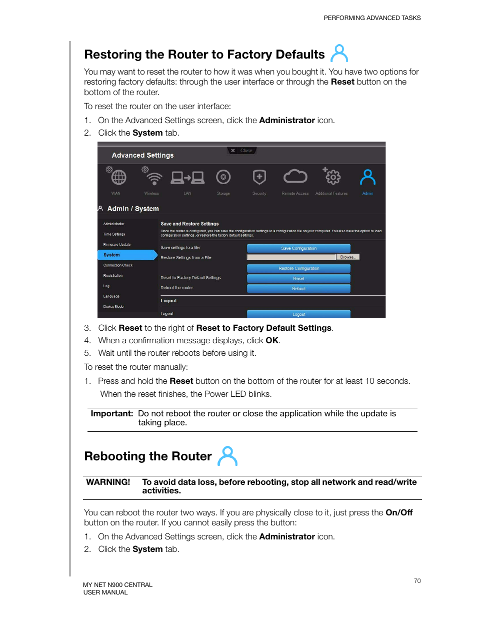 Restoring the router to factory defaults, Rebooting the router | Western Digital My Net N900 Central User Manual User Manual | Page 74 / 97