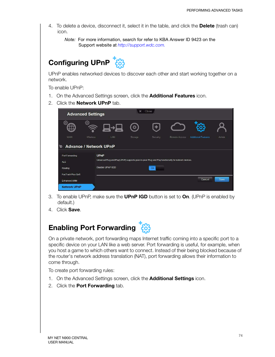 Configuring upnp, Enabling port forwarding, Configuring upnp enabling port forwarding | Western Digital My Net N900 Central User Manual User Manual | Page 78 / 97