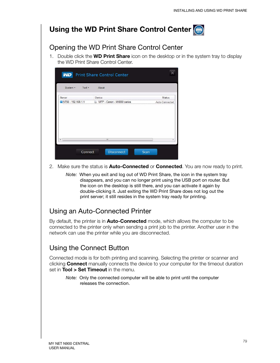 Using the wd print share control center, Opening the wd print share control center, Using an auto-connected printer | Using the connect button | Western Digital My Net N900 Central User Manual User Manual | Page 83 / 97