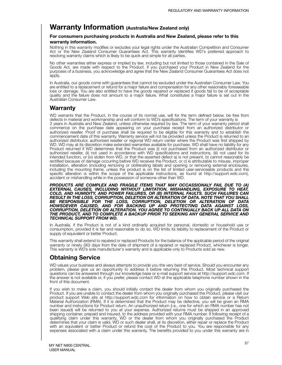 Warranty information (australia/new zealand only), Warranty, Obtaining service | Warranty information | Western Digital My Net N900 Central User Manual User Manual | Page 91 / 97