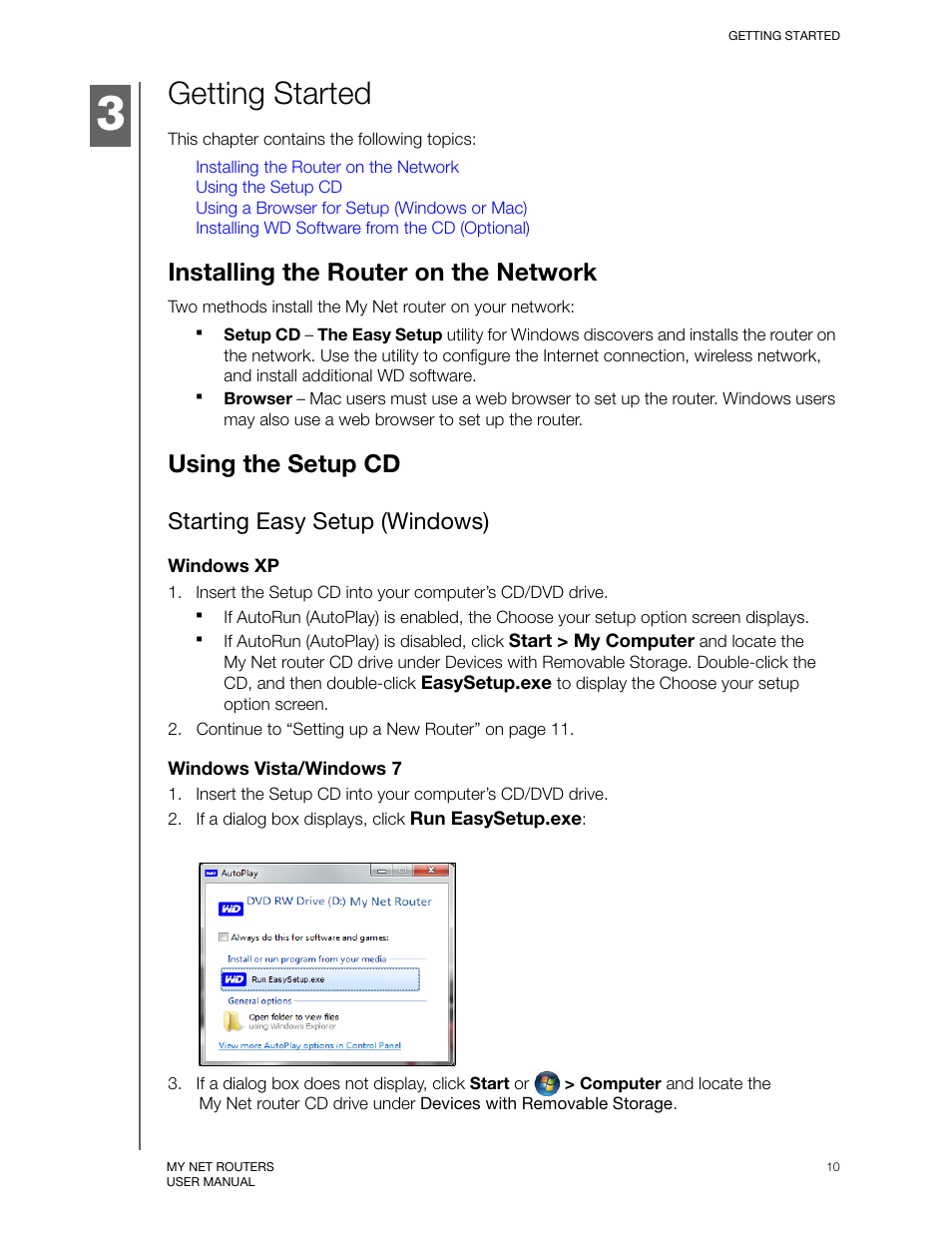 Getting started, Installing the router on the network, Using the setup cd | Starting easy setup (windows) | Western Digital My Net N750 User Manual User Manual | Page 14 / 93